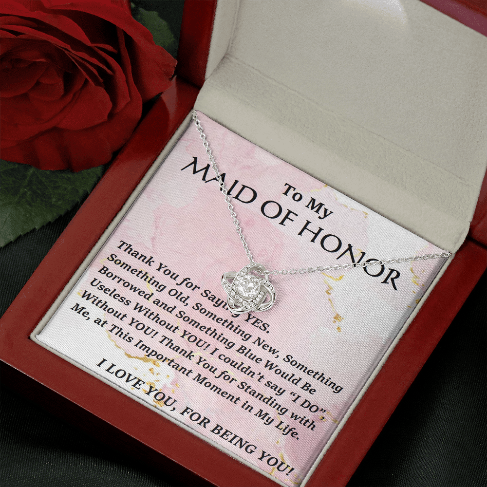 Love Knot Necklace, For Her, Maid Of Honor, Bridal Jewelry, Wedding. Thank You Gift, with Custom Message Card
