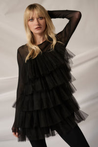 Model showcasing a black sheer tulle-layered romper with a round neck, perfect for elegant and playful occasions.