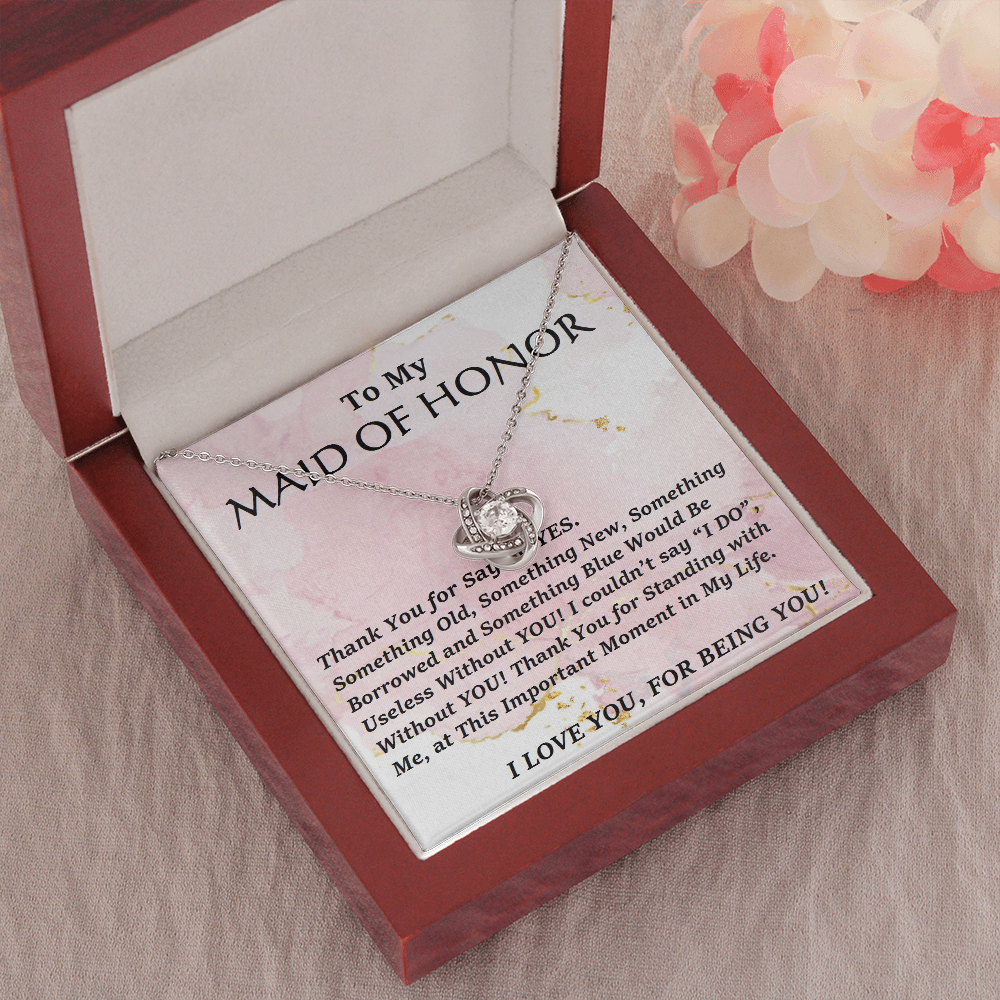 Love Knot Necklace, For Her, Maid Of Honor, Bridal Jewelry, Wedding. Thank You Gift, with Custom Message Card