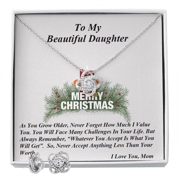 Love Knot Earring & Necklace Set, For Her, Daughter, for Christmas, with Custom Message Card