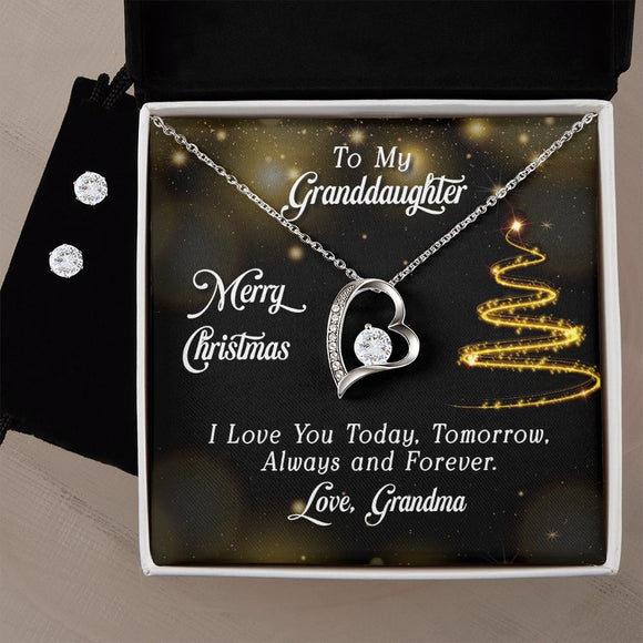 Forever Love Necklace and Cubic Zirconia Earring Set, Granddaughter, Christmas, Birthday, From Grandma, Custom Message Card