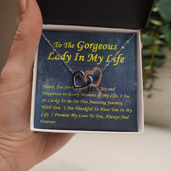 Two Hearts Interlocked Necklace, For Her, Mother, Aunt, Mom on Mother's Day, with Message Card
