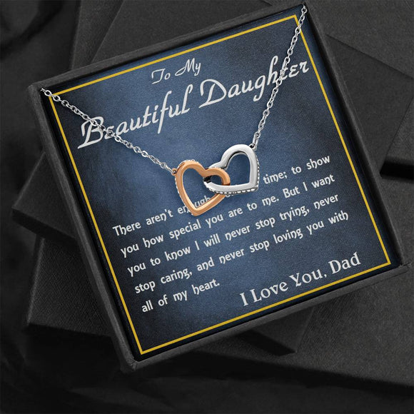 Two Hearts Embellished Necklace, From Dad, Daughter Necklace, for Christmas, Birthday, Custom Message Card