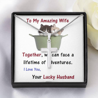 Wife Stainless Steel Cross Necklace.,Wife From Husband - Birthday Gift | Anniversary Gift | Cat Lover Gift | Christmas Gift  | Message Card Jewelry - Gifts 4 Your Season