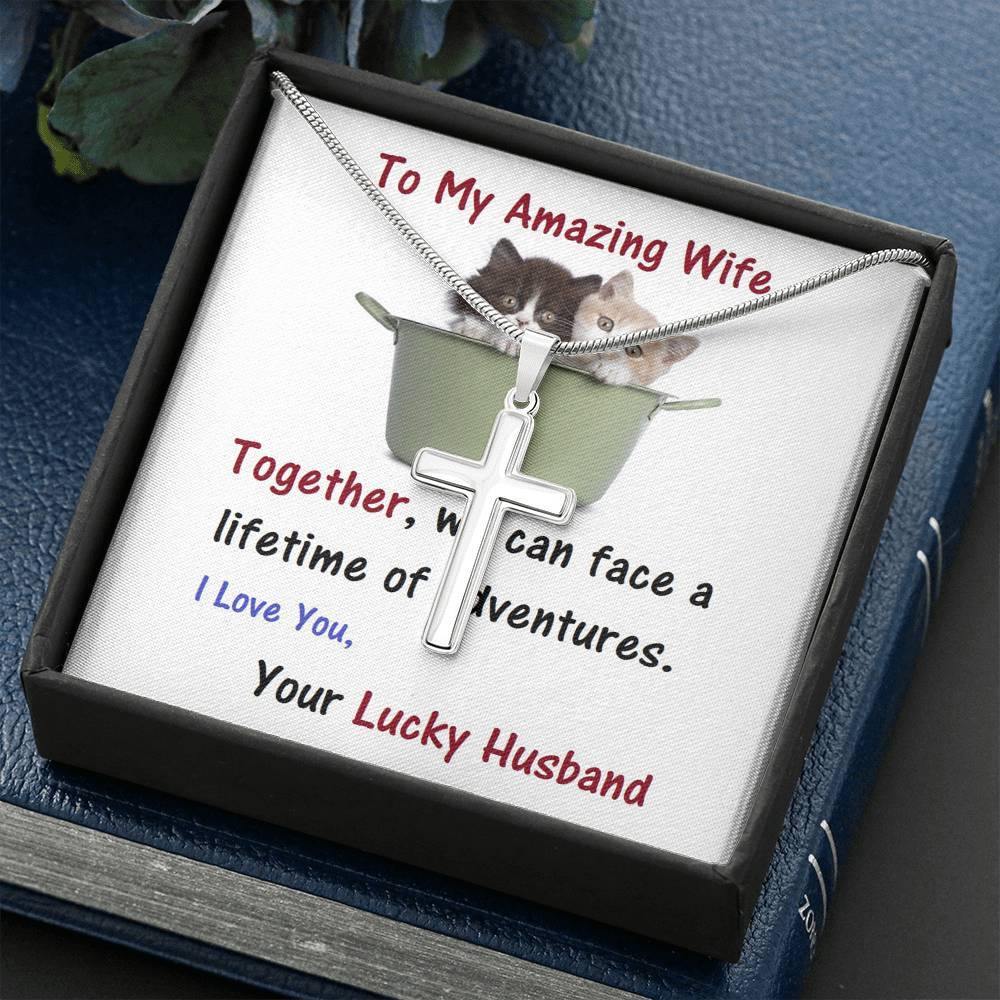 Wife Stainless Steel Cross Necklace.,Wife From Husband - Birthday Gift | Anniversary Gift | Cat Lover Gift | Christmas Gift  | Message Card Jewelry - Gifts 4 Your Season