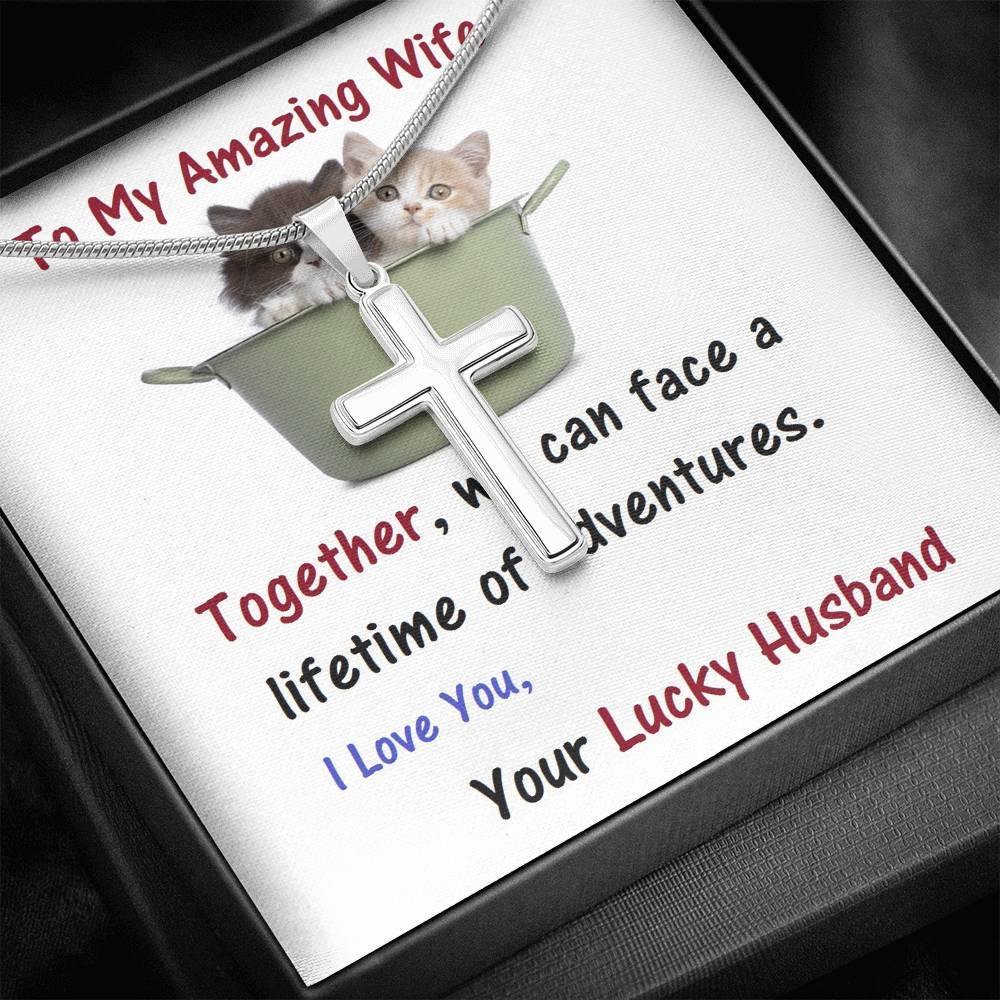 Wife Stainless Steel Cross Necklace.,Wife From Husband - Birthday Gift | Anniversary Gift | Cat Lover Gift | Christmas Gift  | Message Card Jewelry - Gifts 4 Your Season