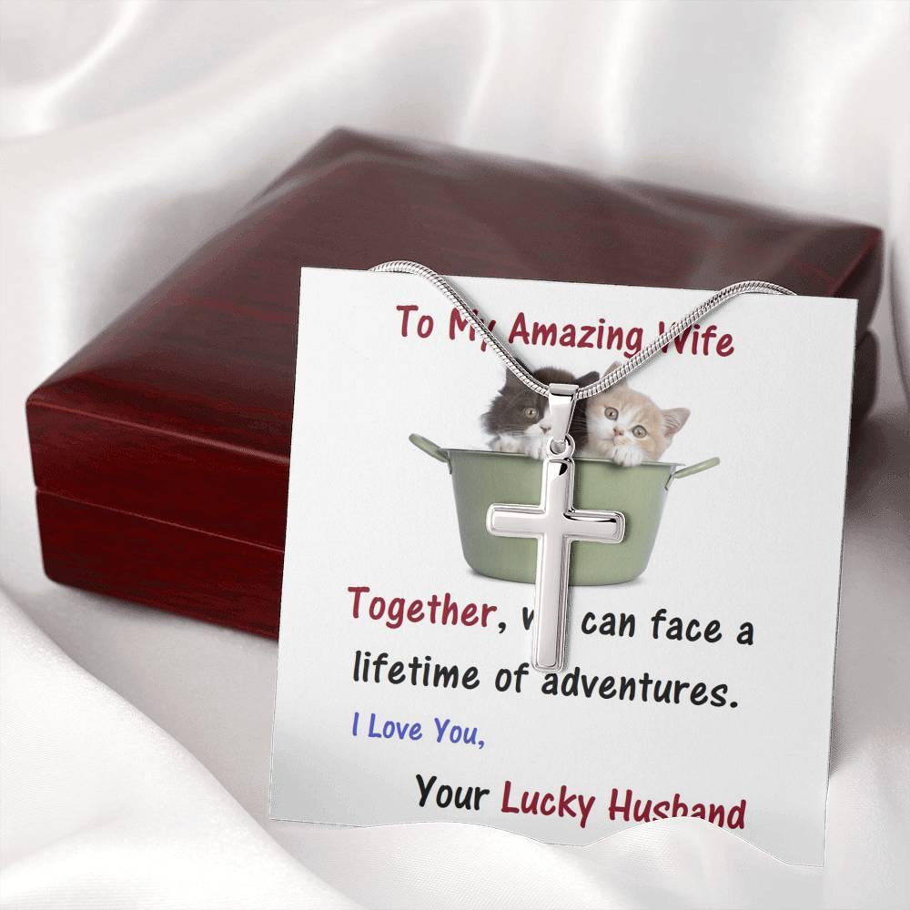 Wife Stainless Steel Cross Necklace.,Wife From Husband - Birthday Gift | Anniversary Gift | Cat Lover Gift | Christmas Gift  | Message Card Jewelry - Gifts 4 Your Season