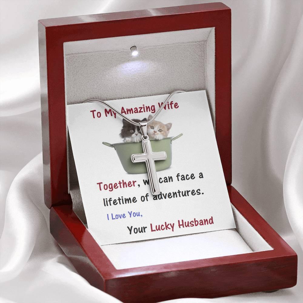 Wife Stainless Steel Cross Necklace.,Wife From Husband - Birthday Gift | Anniversary Gift | Cat Lover Gift | Christmas Gift  | Message Card Jewelry - Gifts 4 Your Season