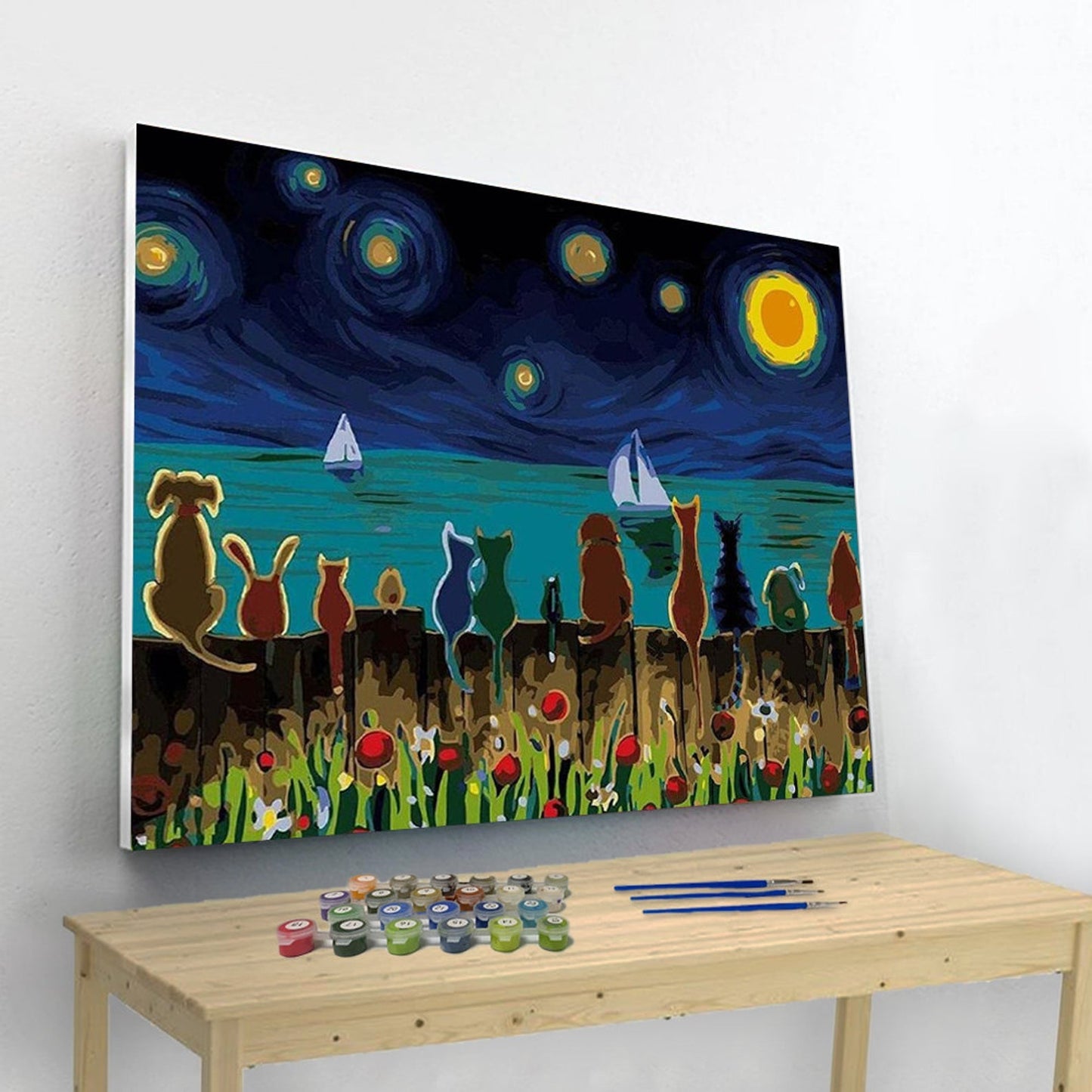 Cartoon Cats And a Starry Night Paint By Number Painting Set